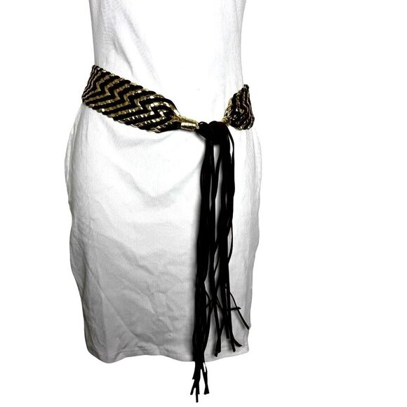 Vintage Y2K gold & brown wide statement belt suede fringe ties shut One size - Picture 3 of 3
